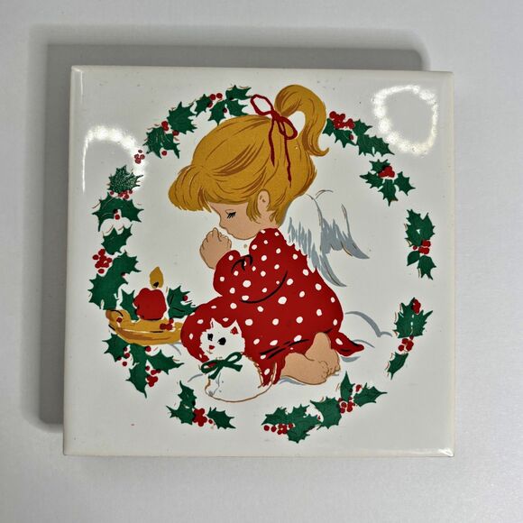 Vintage Christmas Tile Trivet Jasco 1981 Angel Praying Holiday Hot Pad Taiwan - Picture 1 of 3